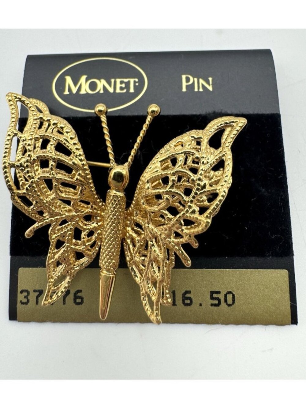 MONET Butterfly Brooch NOS, Original Card, Gold Tone Filigree Layered, VTG 80